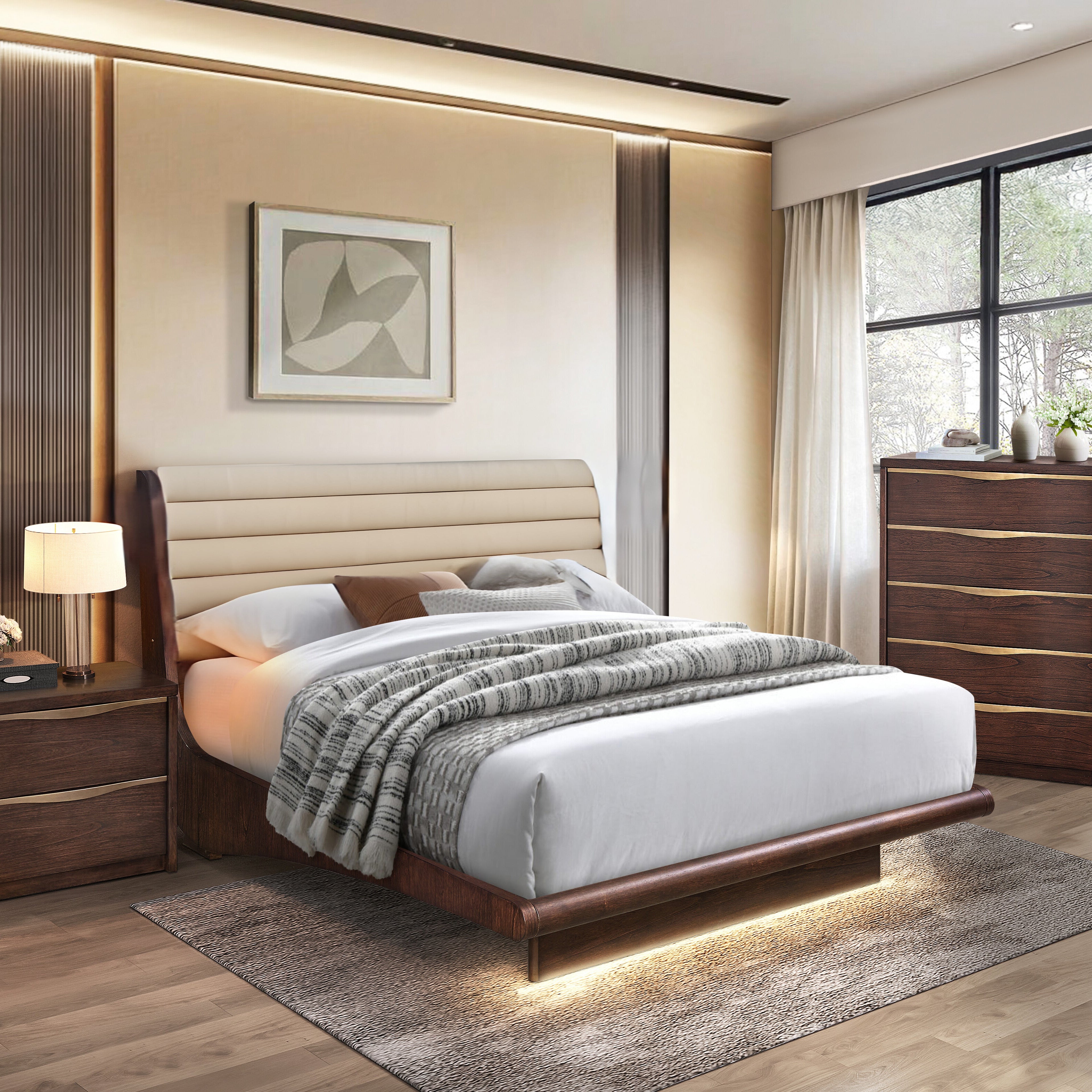 NATALIE Queen Upholstered Headboard/Footboard w/Light Beige Fabric/Brown