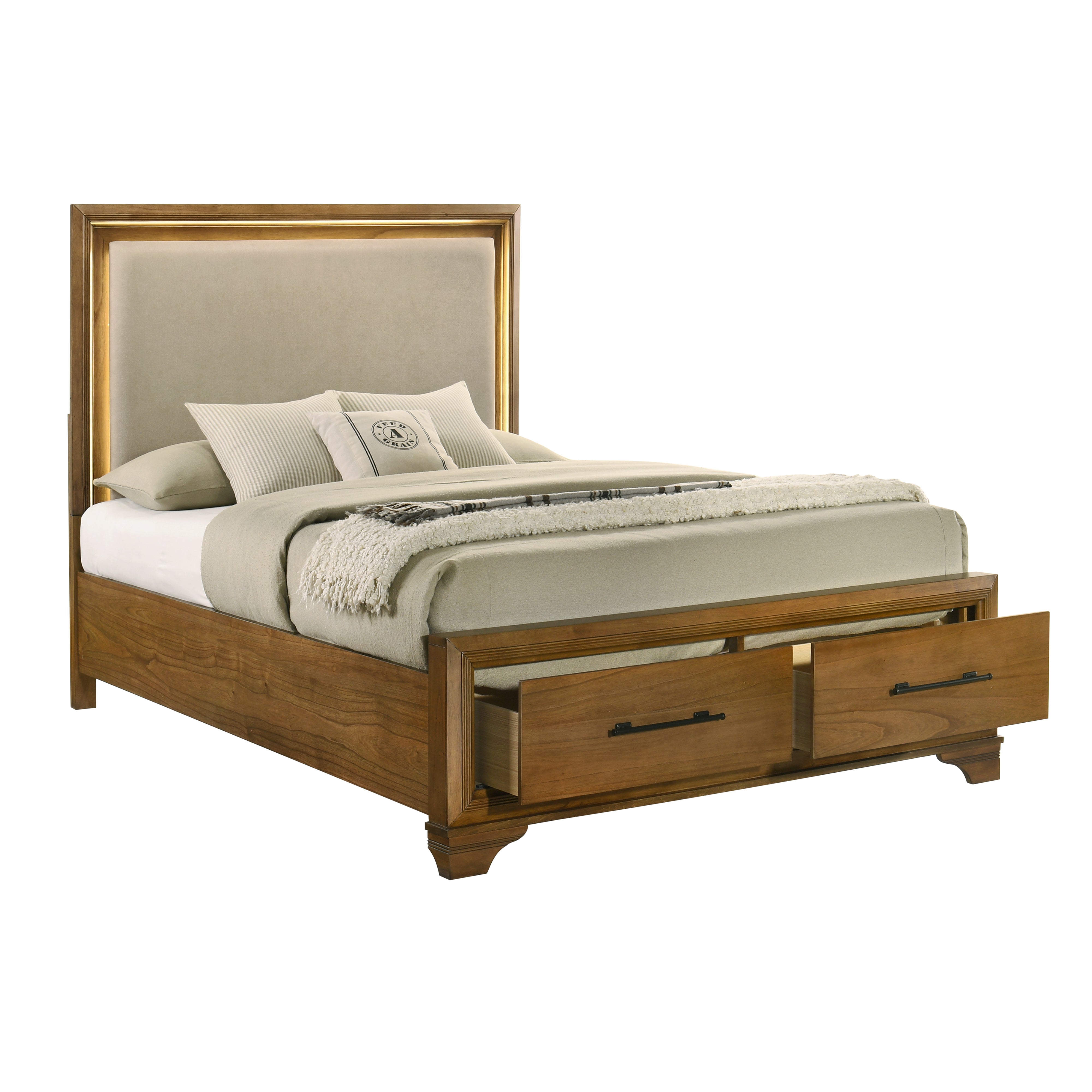 TALCOTT Bedroom Set King Bed(storage) + Dresser + Mirror + Nightstand /Led Headboard/Honey Finish