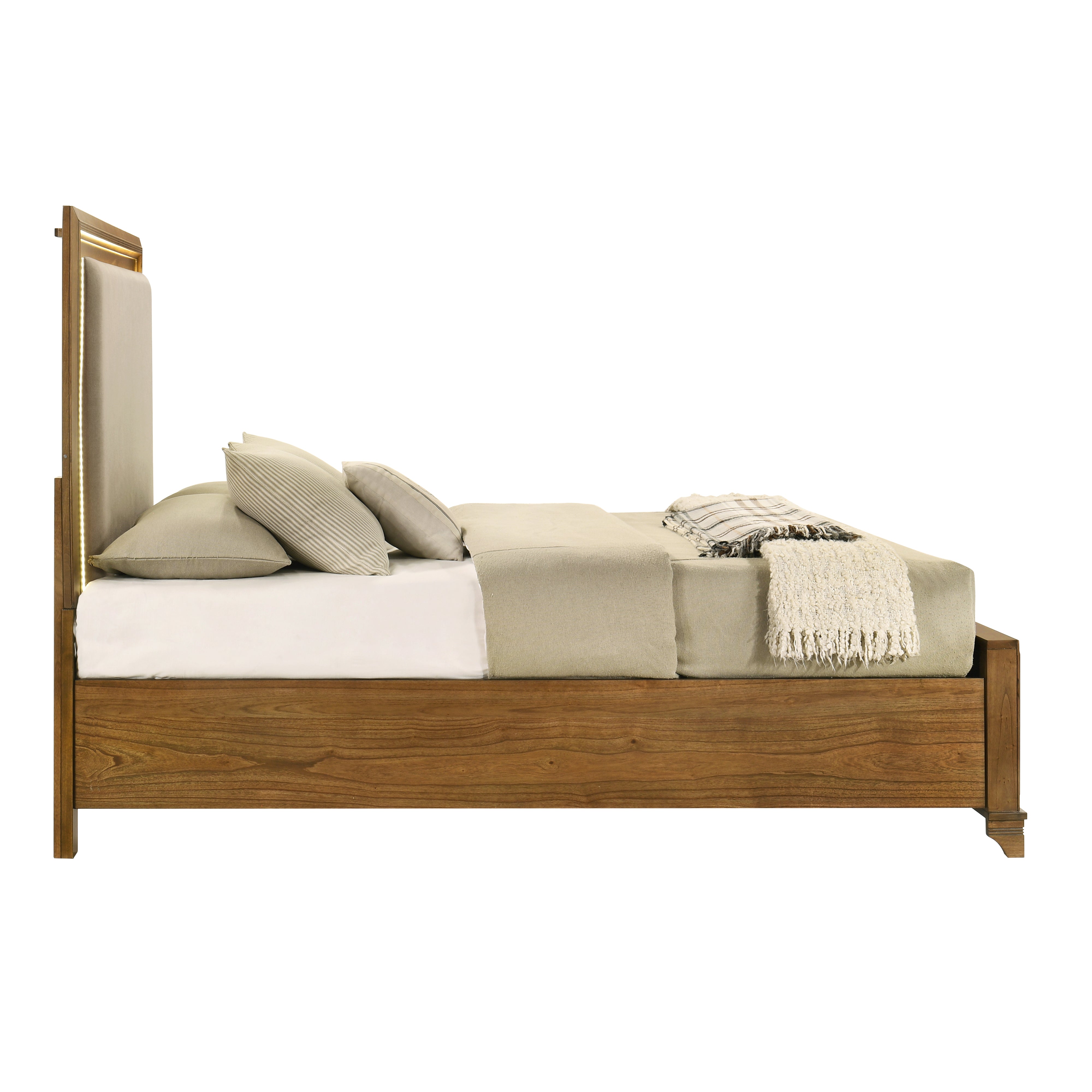TALCOTT Bedroom Set Queen Bed(storage) + Dresser + Mirror + Nightstand /Led Headboard/Honey Finish
