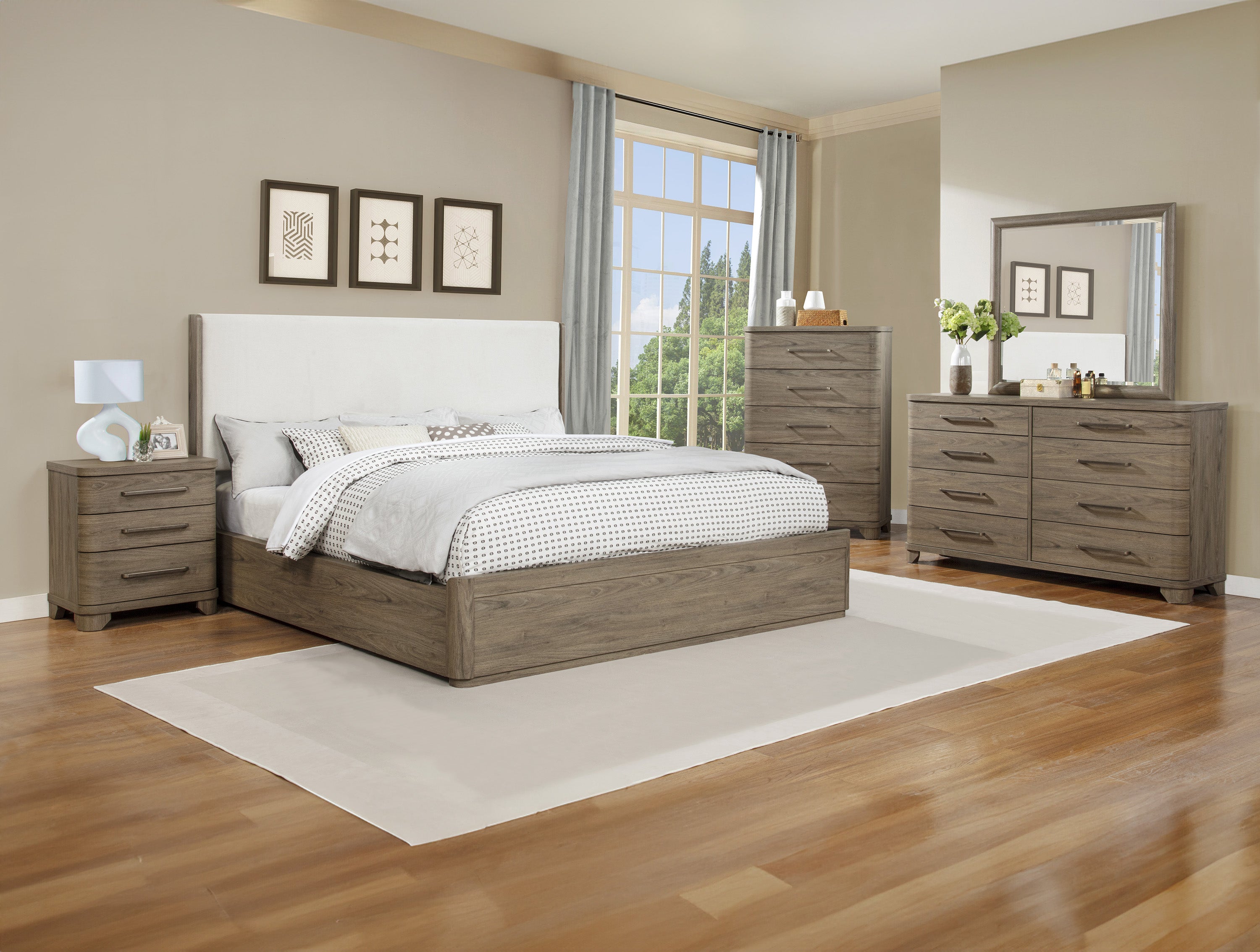 B1750 VERANDA Bedroom Set Quen Size Bed + Dresser + Mirror + Nightstand Brown Chestnut/Beige Fabric