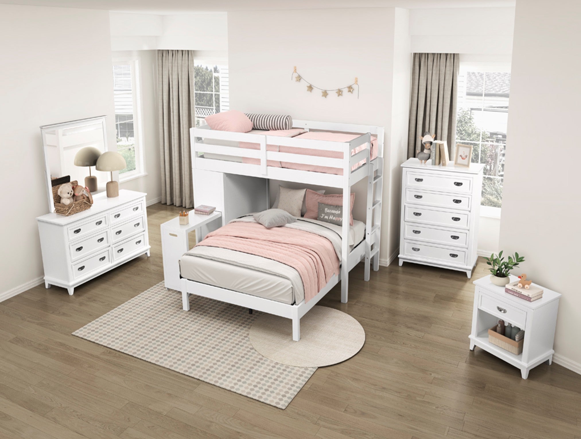 Bedroom Set B2024 Twin/Full Loft Bunk Bed + Dresser + Mirror + Nightstand White