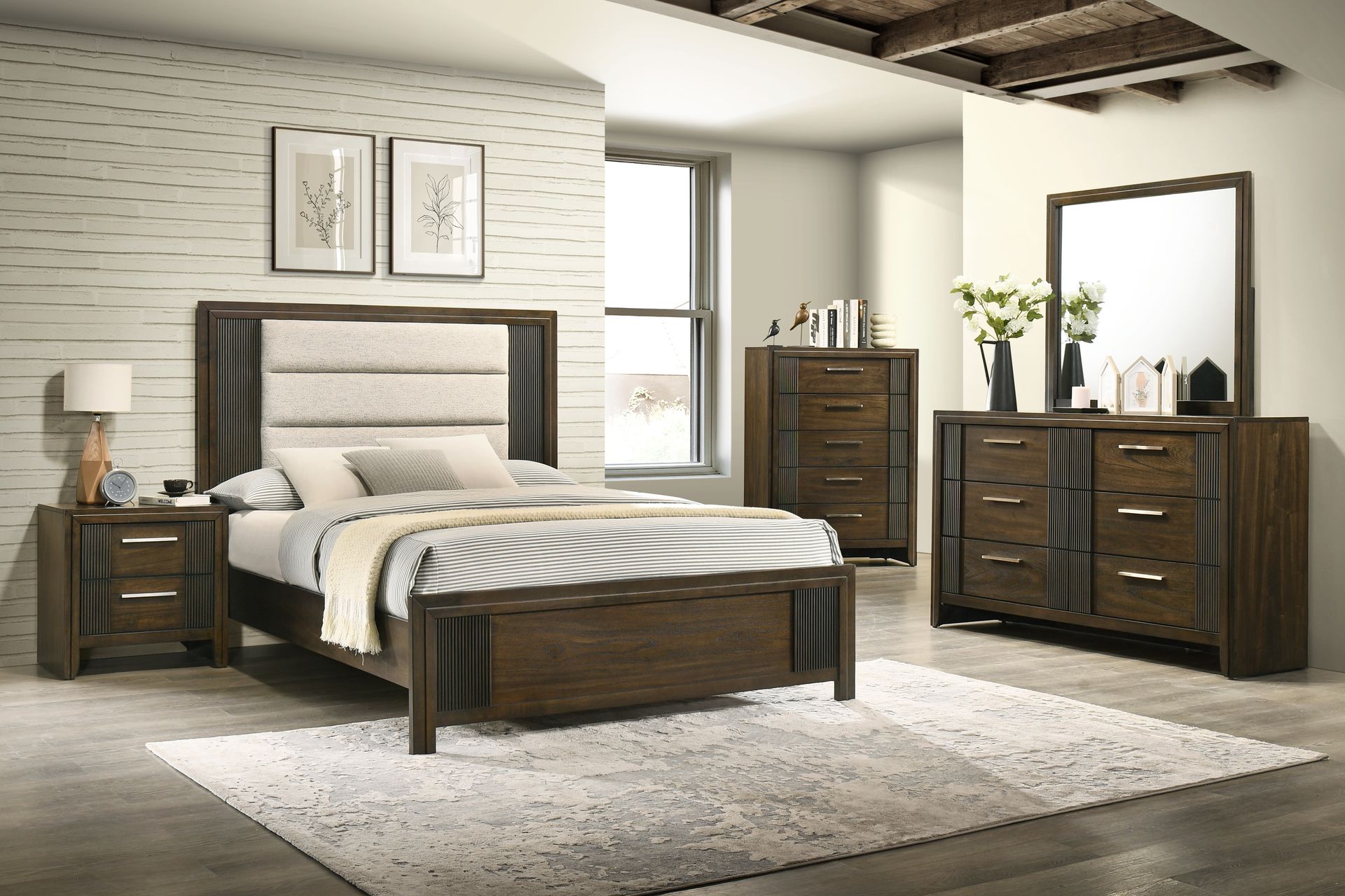 BRANX Bedroom Set King Bed + Dresser + Mirror + Nightstand Brown Walnut / Beige Fabric