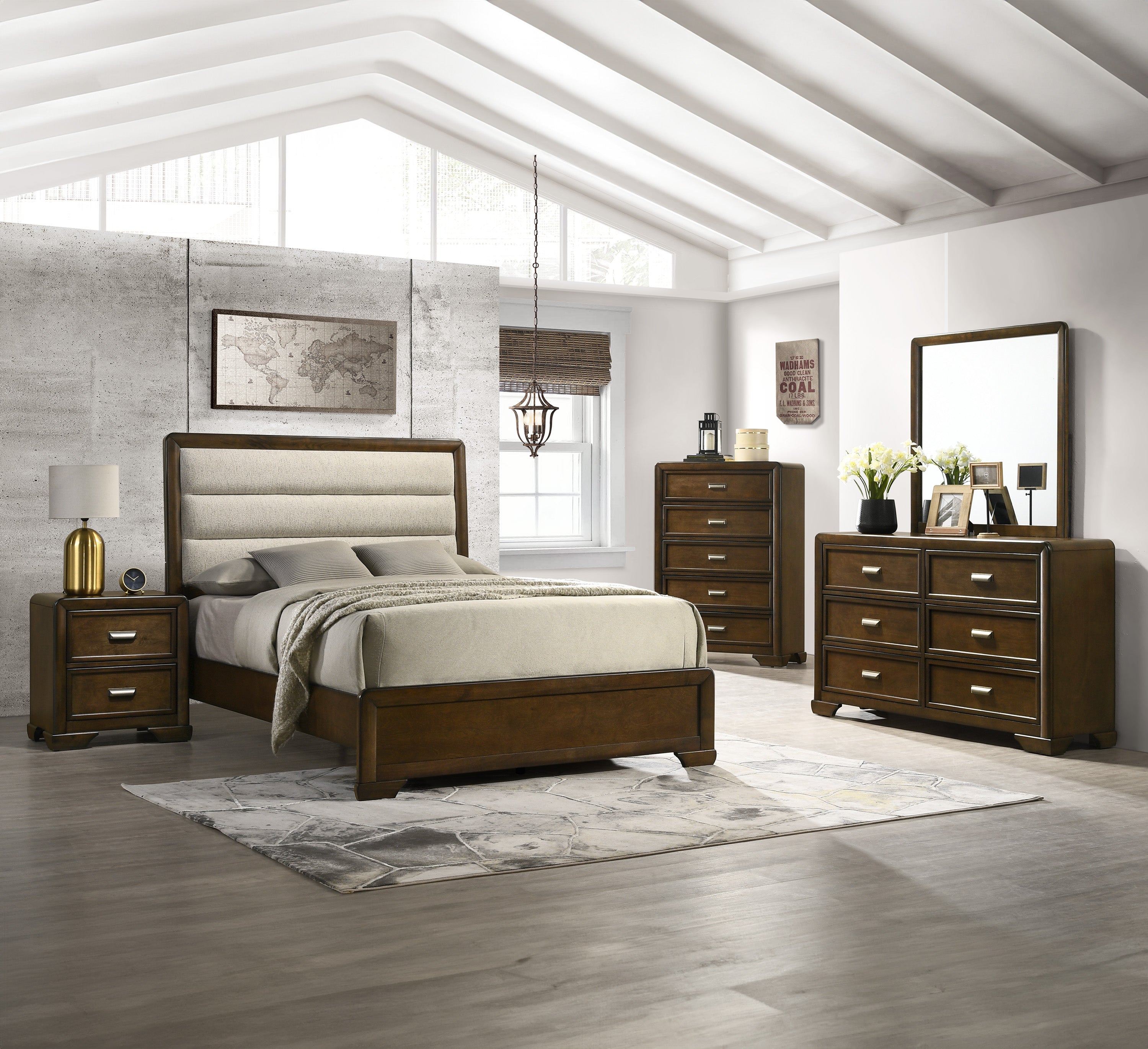 B5530 Coffield Bedroom Set King Bed + Dresser + Mirror + Nightstand Oak/Natural Fabric