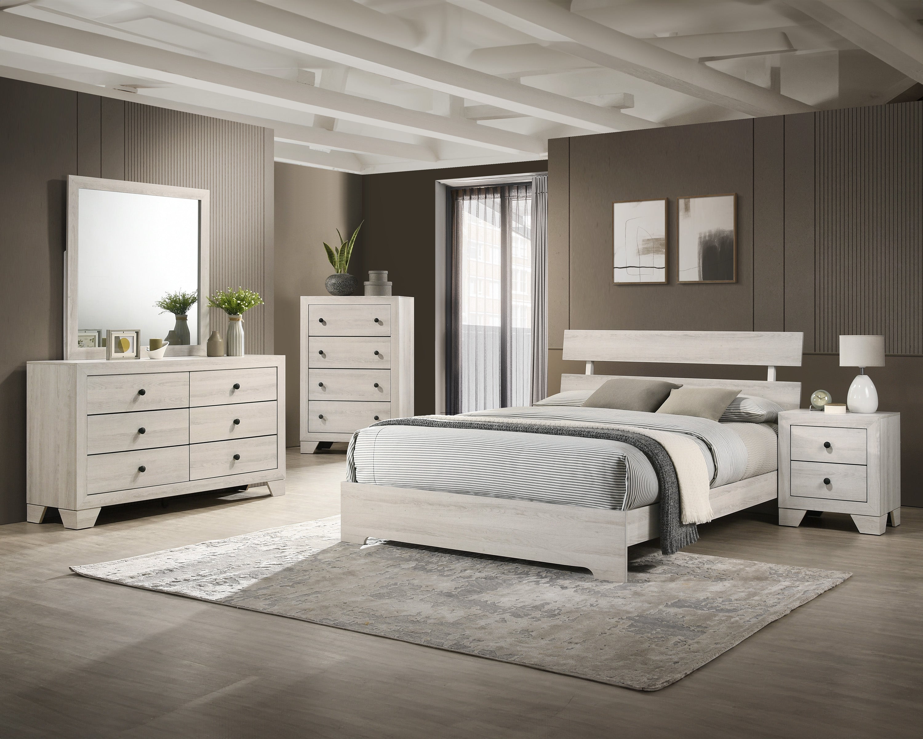 B6982 Atticus Bedroom Set Full Bed + Dresser + Mirror + Nightstand White Wash