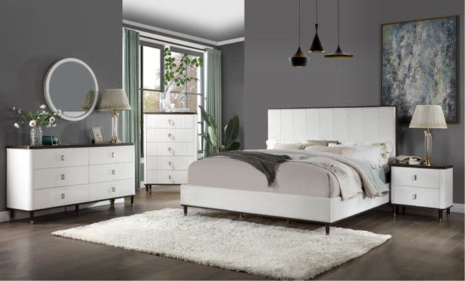 BD0202 Bedroom Set Queen Bed + Dresser + Mirror + Nightstand Light Gray Fabric/White & Brown Finish