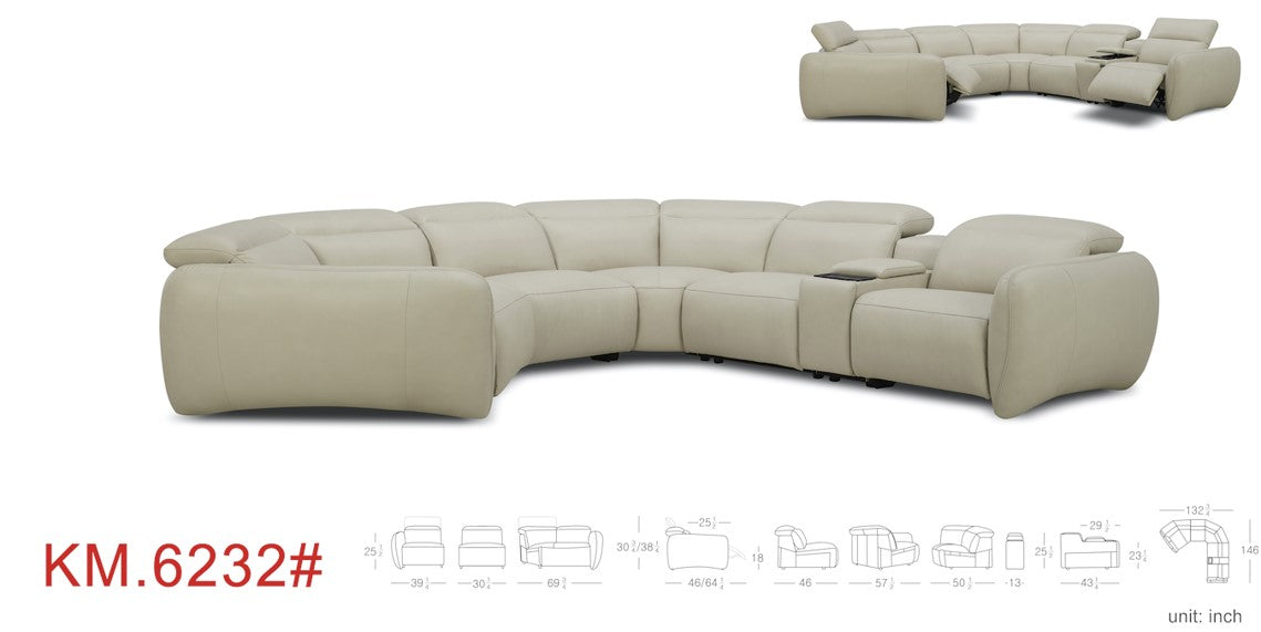 KM 6232 6pc Sectional Power Recliner w/ Power Headrest and Wireless Charger Light Grey Fabric