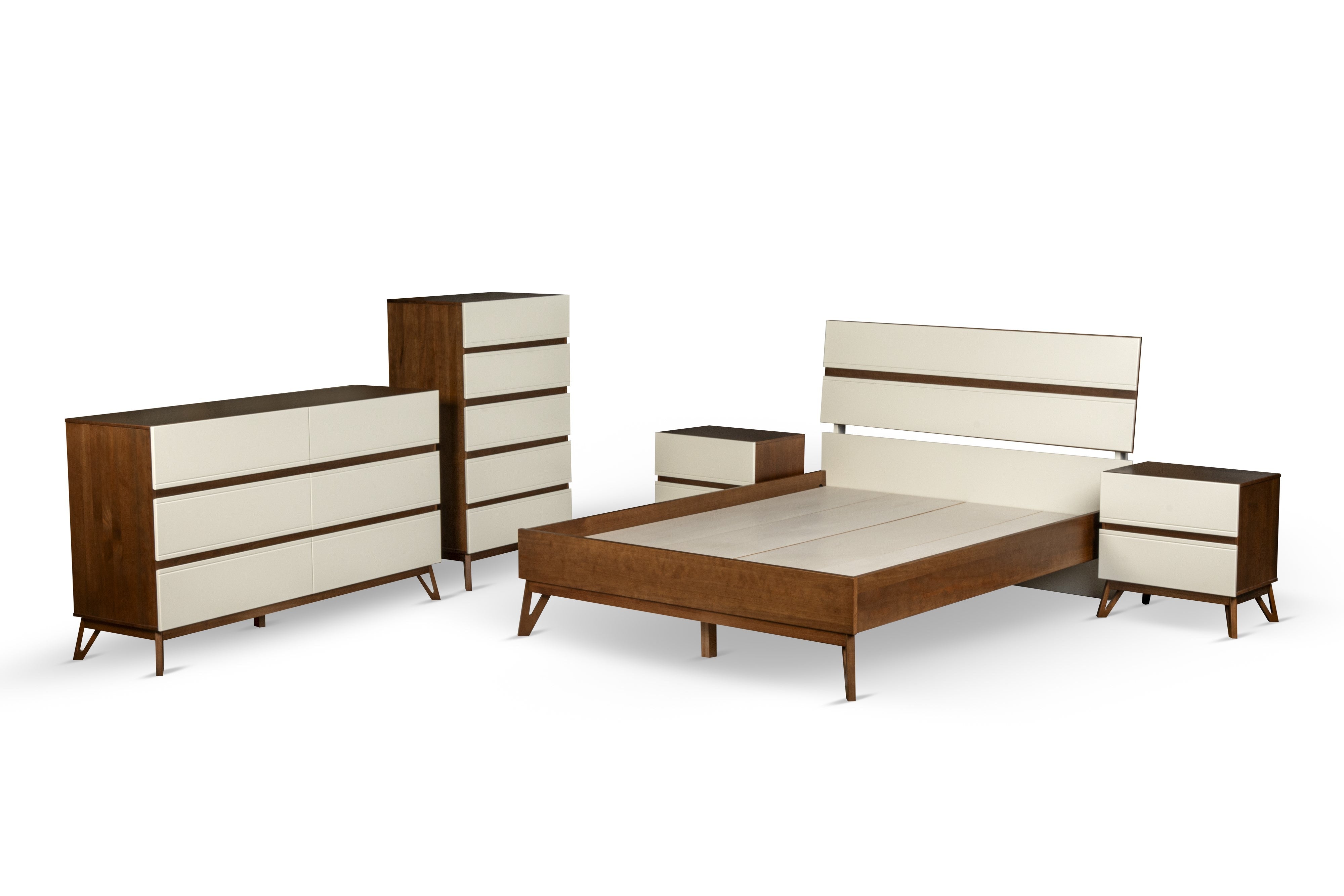 POINT SUR Bedroom Set Queen Bed + Dresser + Mirror + Nightstand Walnut/Offwhite
