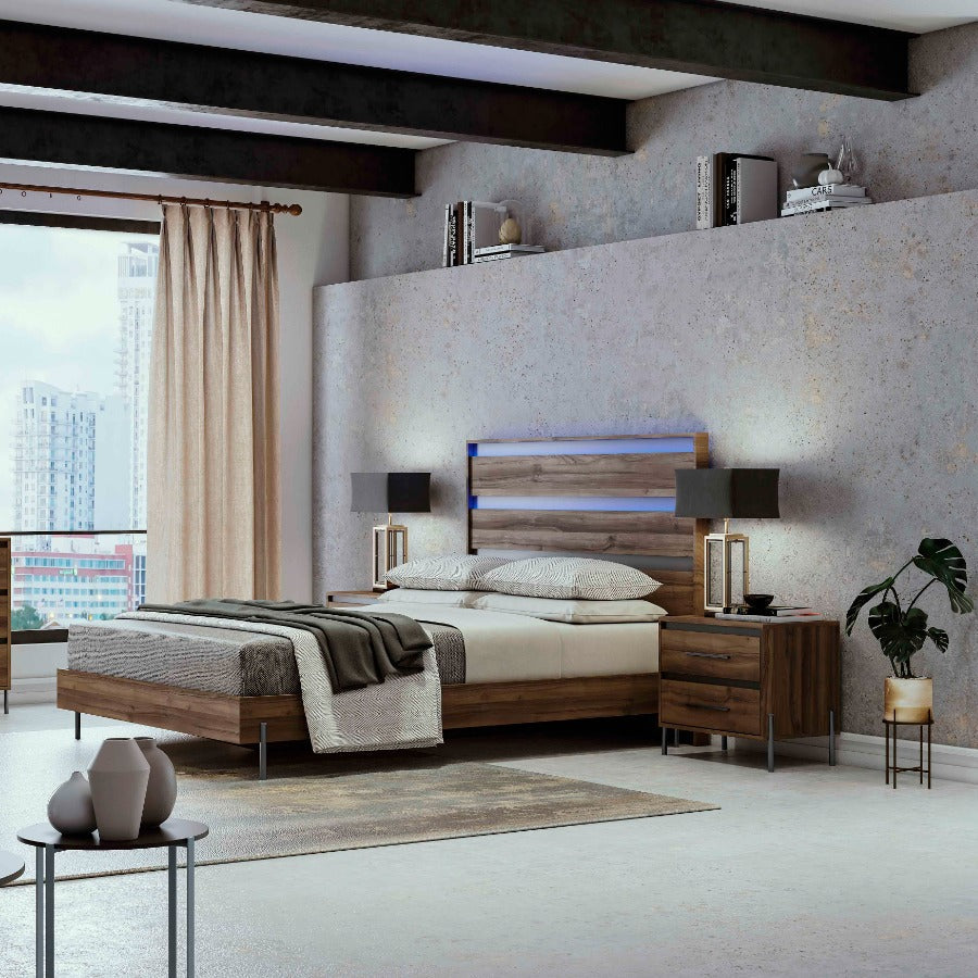 VIRGINIA Queen Size Bed w/LED (HB+Platform+Supports) Walnut