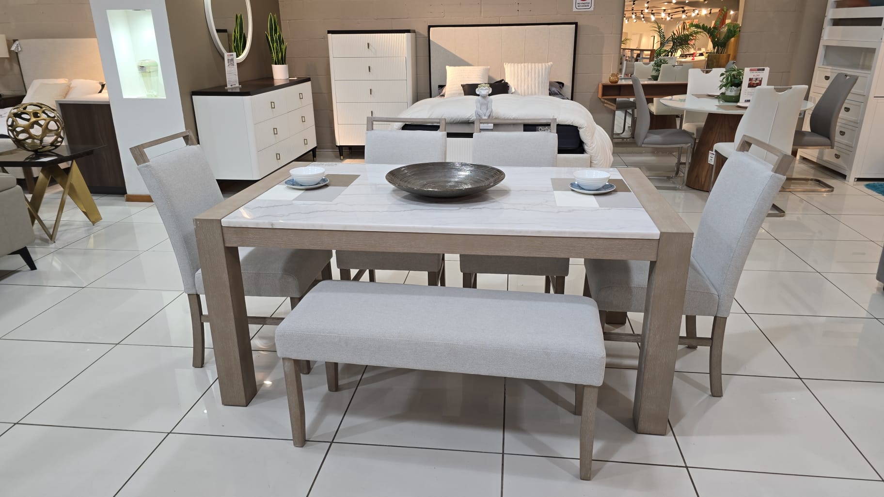 6pcs HAZEL Rect. Dining Set w/ (4) Chairs + Bench Ash Grey/Marble Top/Grey Fabric