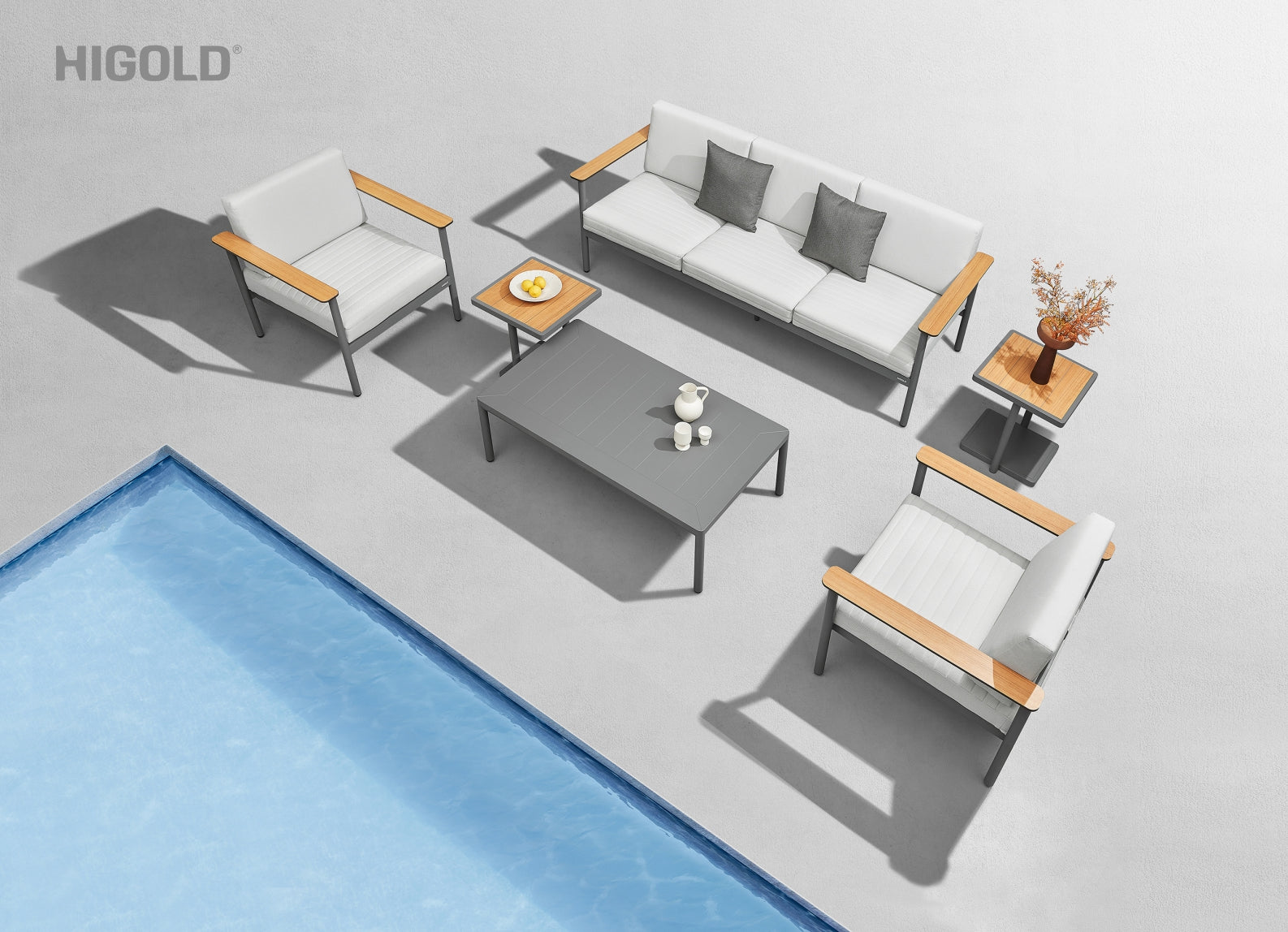 NOLA Sofa Set - 3-Seater + (2) Lounge Chairs + (2) End Tbl + Coffee Tbl Aluminum/Polywood