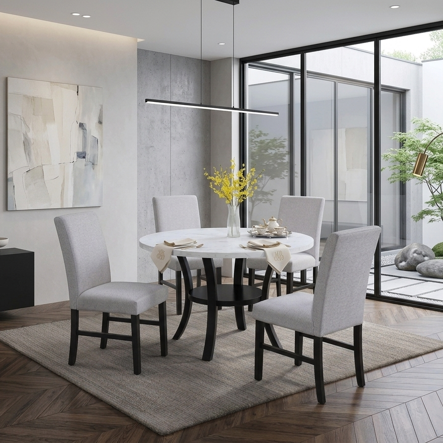 Dining Set ISLA Round Dining Table 48" Dia + (4) Dining Chair Grey Fabric/Black/Marble-like Finish Top