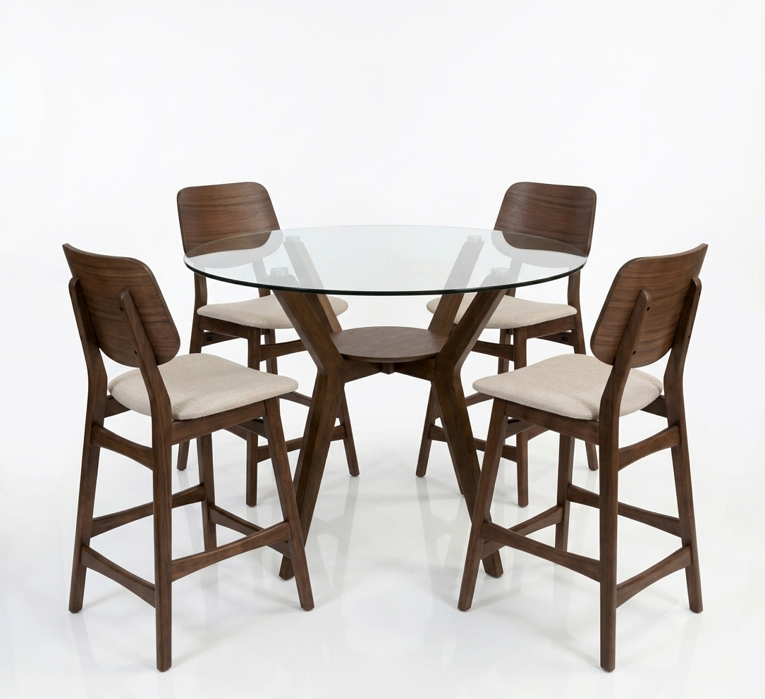 D1651 OSCAR Round Counter Dining Set - Table w/Glass Top 47" Dia. + (4) Stools Walnut