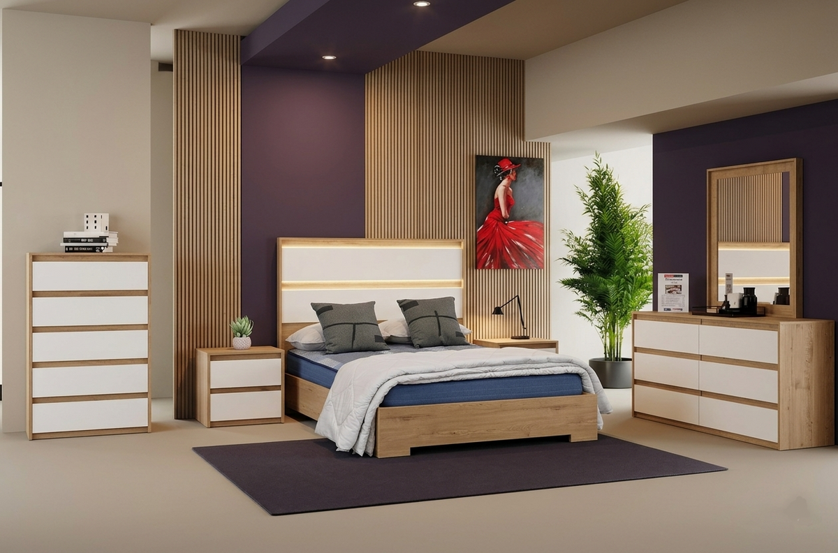 SIDNEY Bedroom Set Full Size Bed + Dresser + Mirror+ Nightstand - LEDS/White Oak