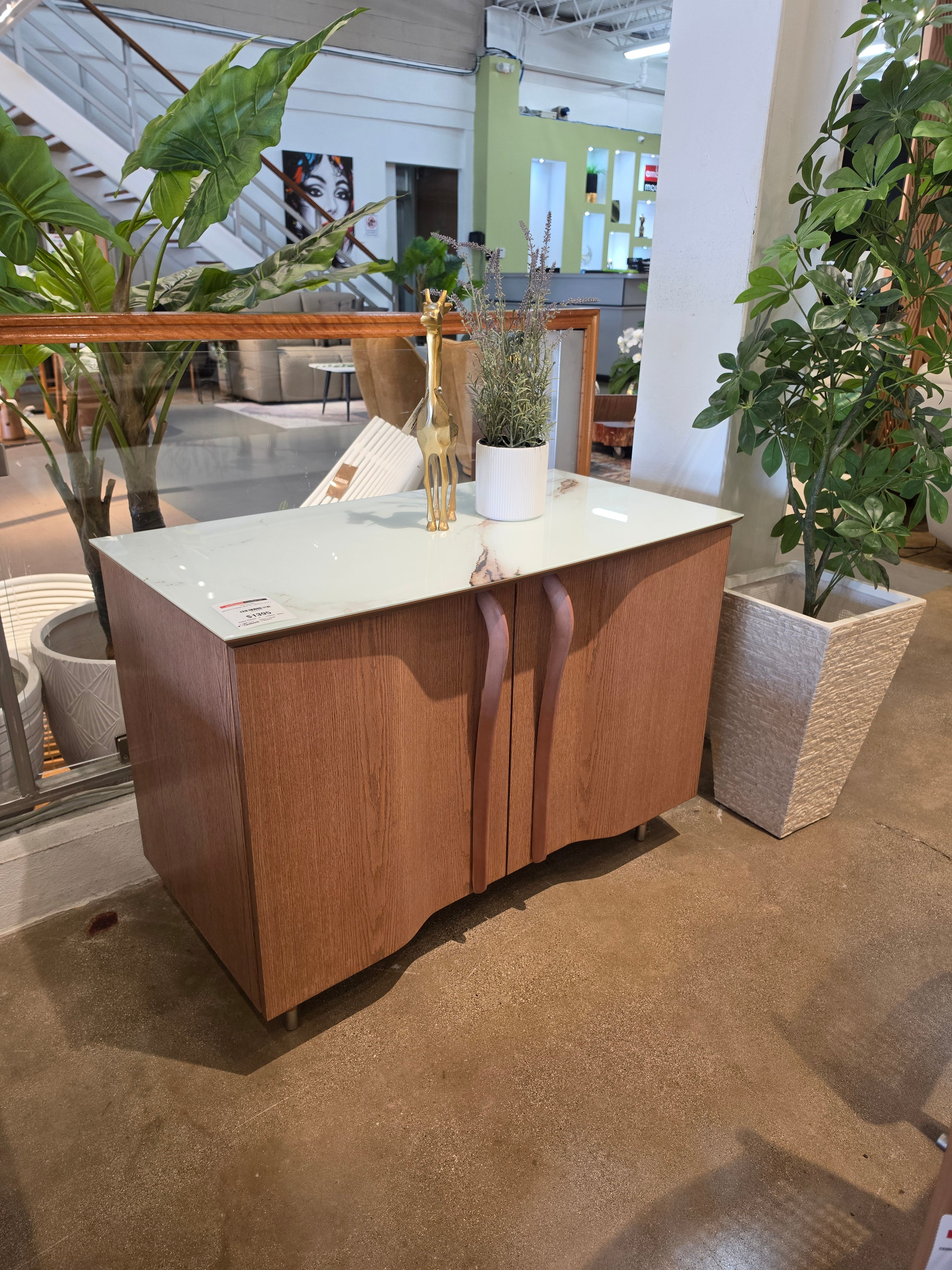 144306 BETINA Buffet Cabinet 40.4"W x 20.8"D x 29.5"Ht Carvalho (Oak) Amendoa (Almond)/Glass Top/Calacata Marble