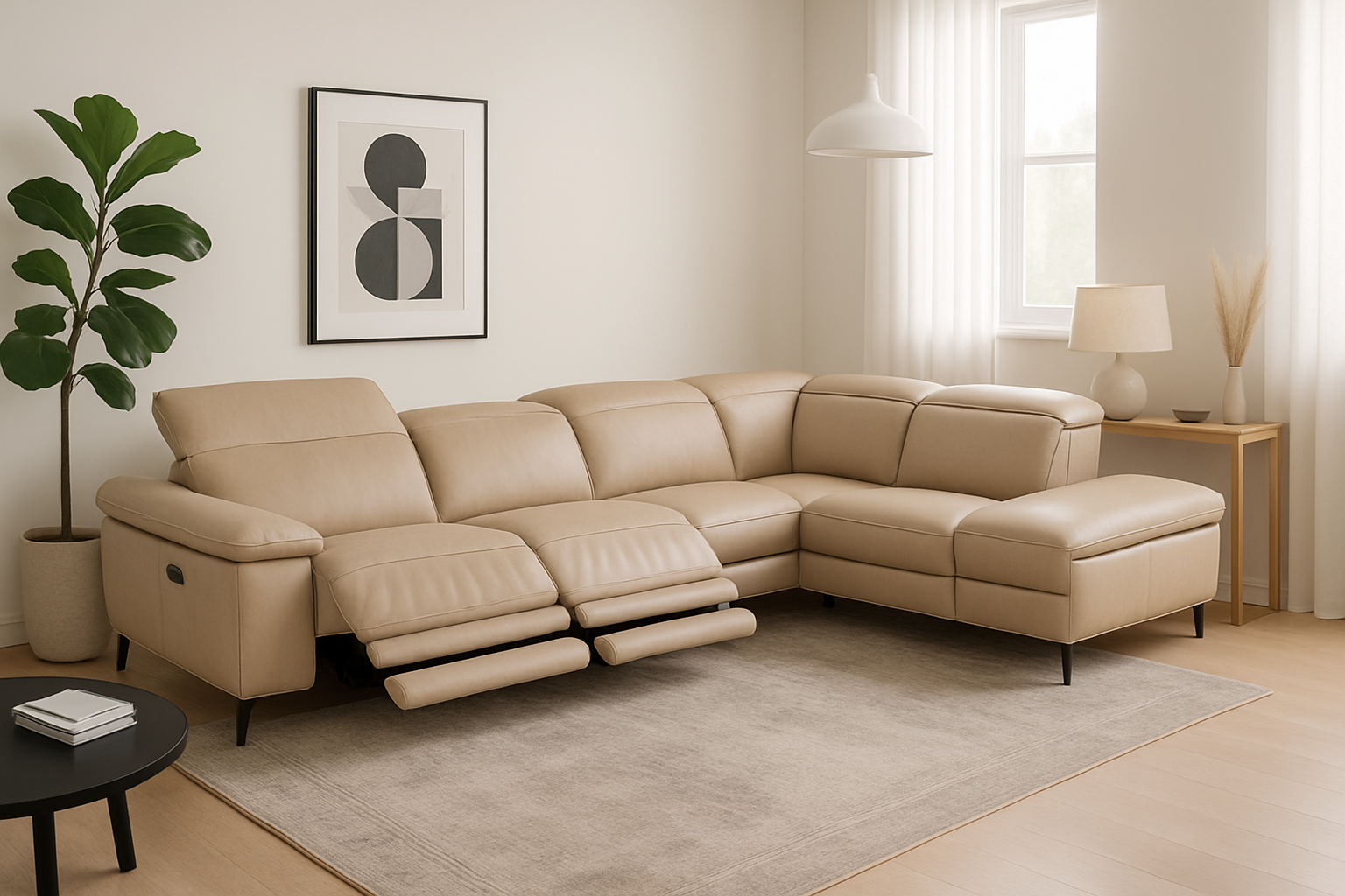 MU-11381 Sectional w/ 2 Power Recliners Right Chaise (when facing) 100% Leather Beige