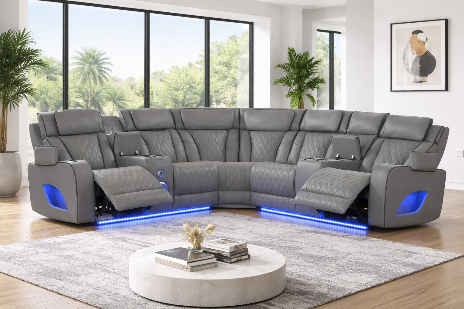 FORTUNER Sectional Power Recliner w/Console/Wireless Charger/Massage/USB PU Gray