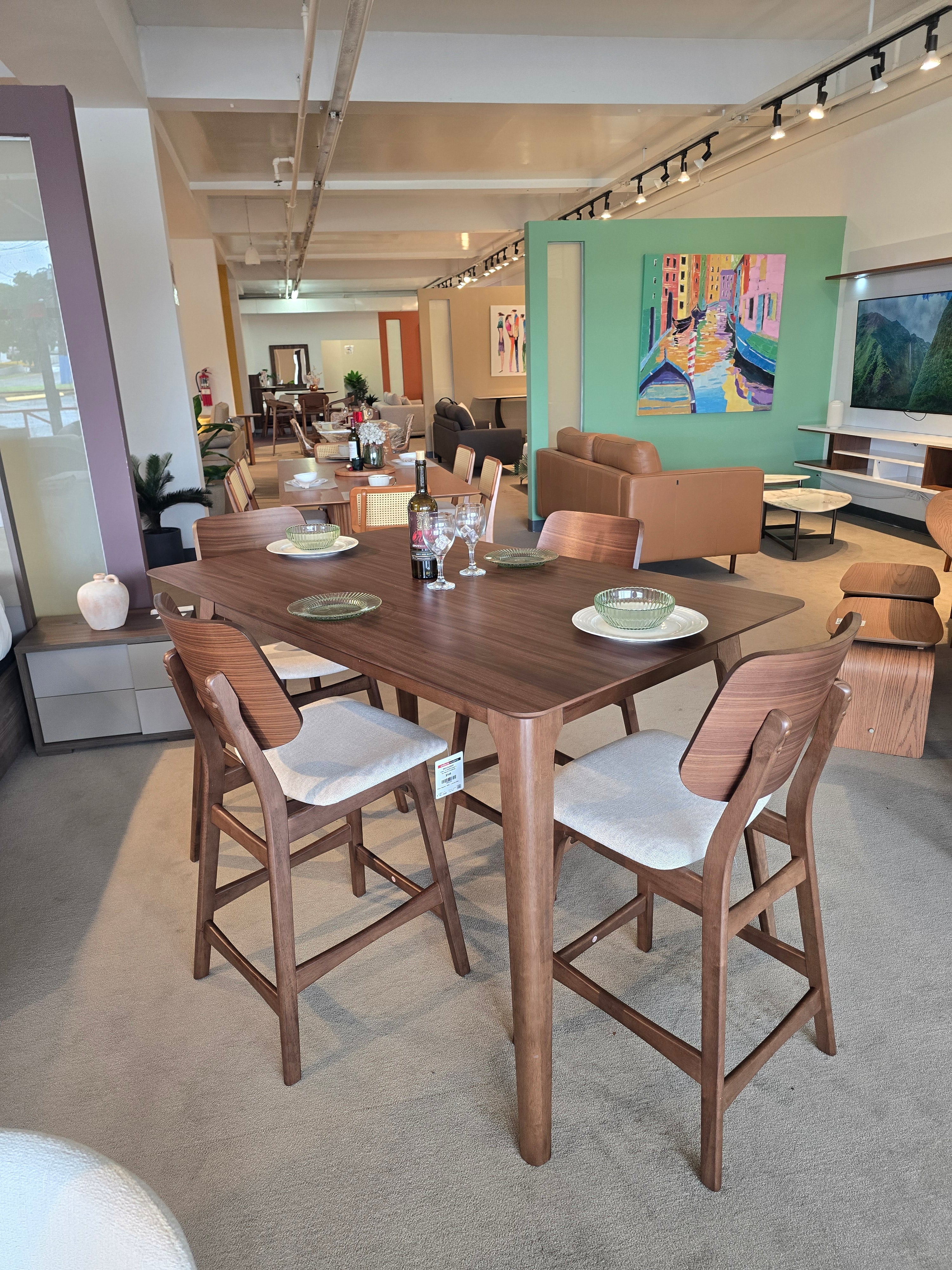 OSCAR Dining Set Counter Height w/ (4) Stools Walnut Finish / Beige Polyester Fabric