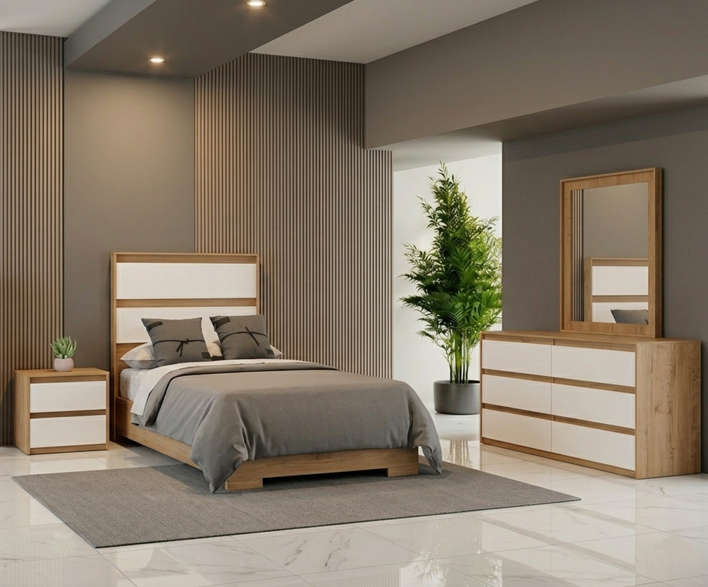 SIDNEY Bedroom Set Twin Size Bed + Dresser + Mirror+ Nightstand - LEDS/White Oak