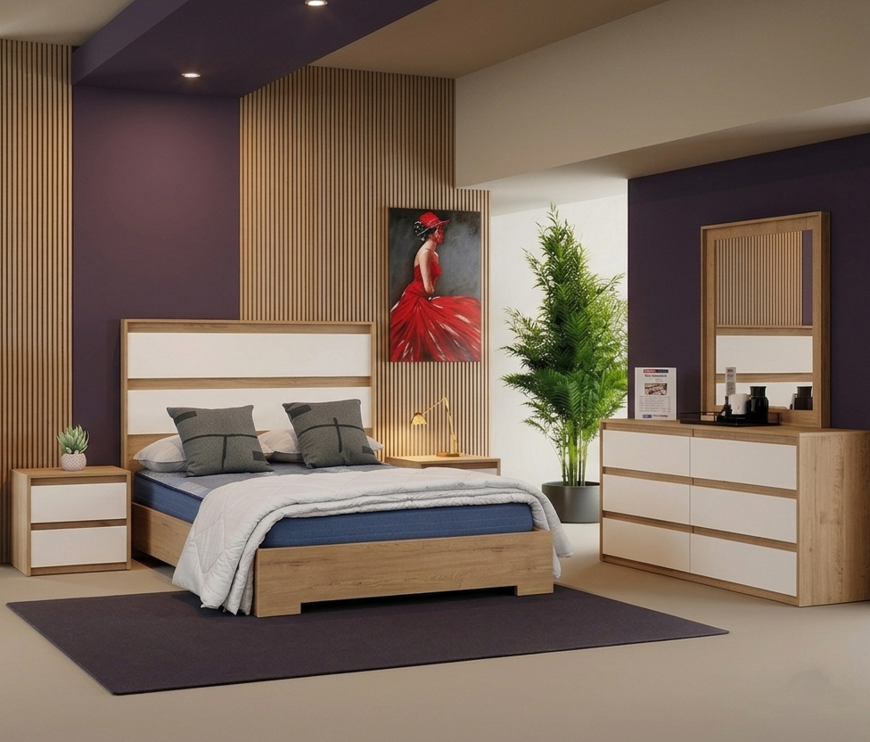SIDNEY Bedroom Set Full Size Bed + Dresser + Mirror+ Nightstand - LEDS/White Oak