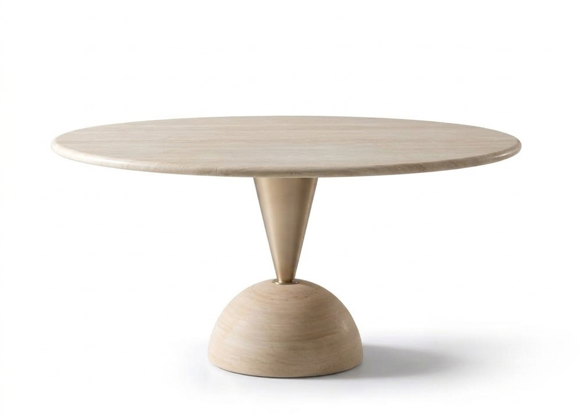 Olympia Round Dining Table Matte Travertine Marble / Champagne Base