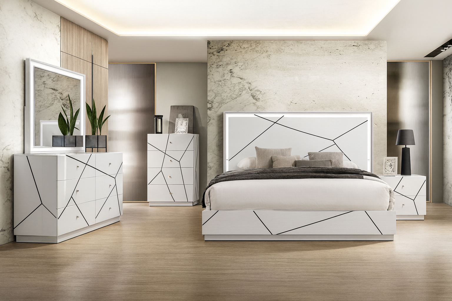 Gemma Bedroom Set Full Bed + Dresser + Mirror + Nightstand White Finish w/ Black Accents