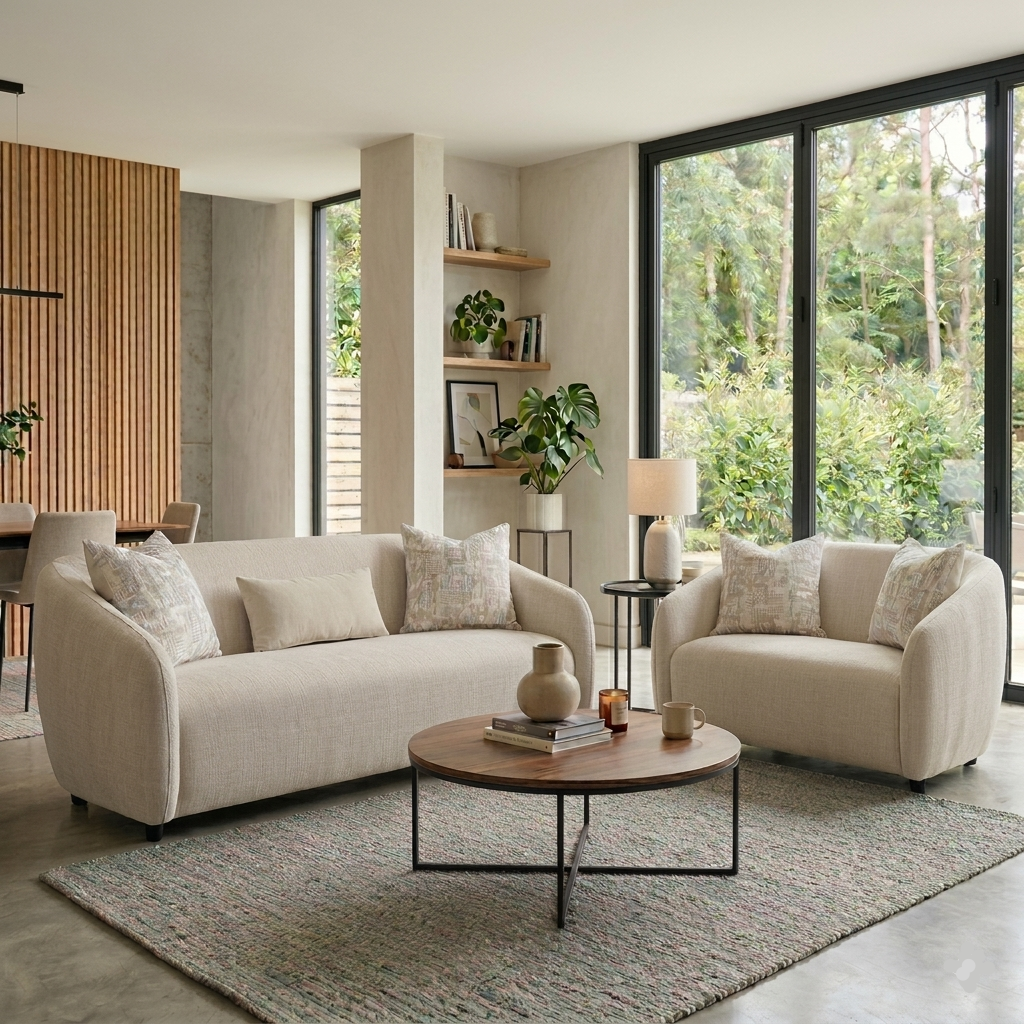 LV03580 3-Seater Sofa with 3 Accent Pillows 84"W Beige Linen