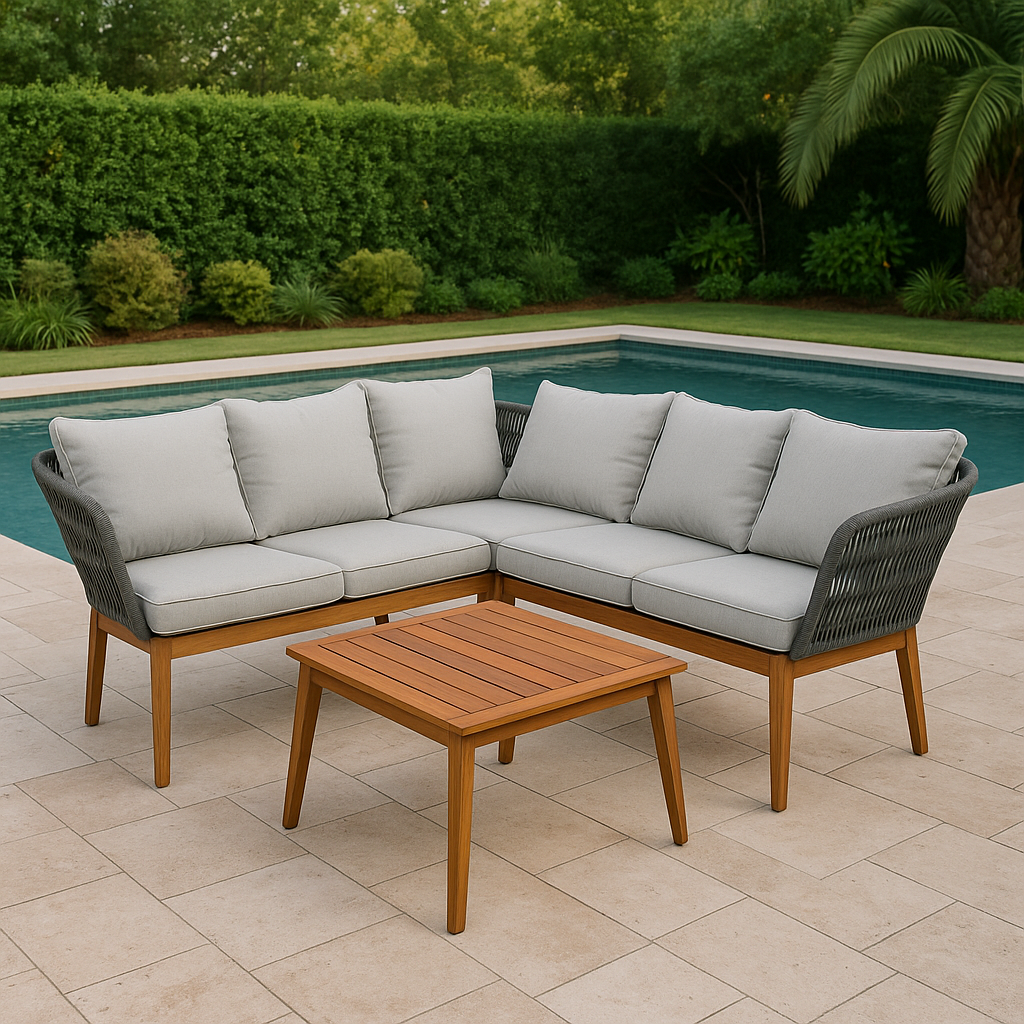 61208 4pcs Acacia Rope Lounge Set Aluminum/Grey Cushions/Dark Grey Poly-rope/Natural