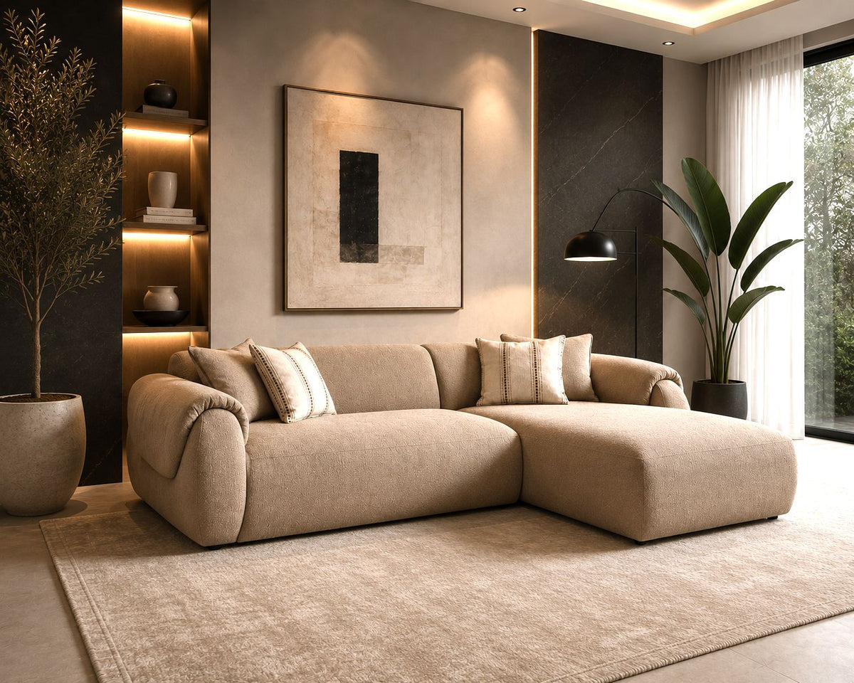 Flore Sectional Sofa Right Chaise (When Facing) Taupe Linen Boucle Fabric