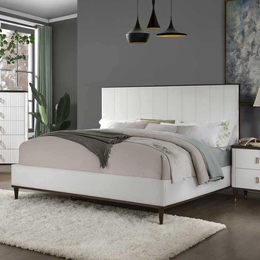 BD02026 King Bed Off White Fabric/White & Brown Finish