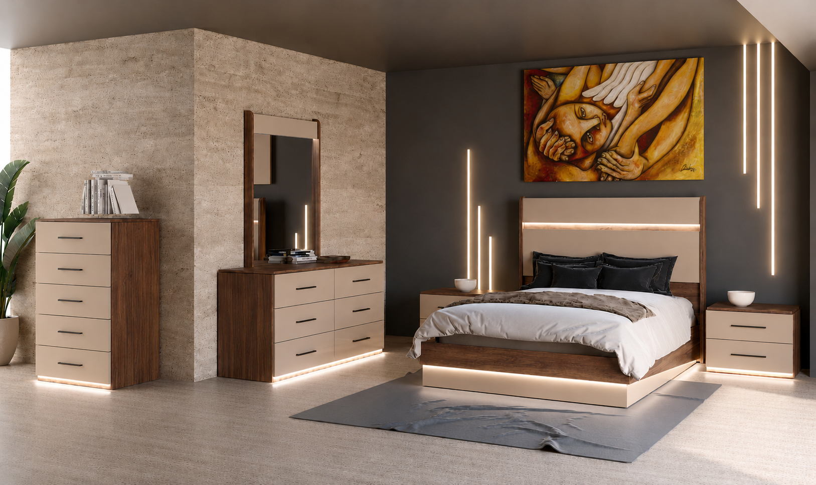 Monaco Bedroom Set Queen Size Bed(Platform) + Dresser +Mirror + Nightstand w/LED Walnut/Grey