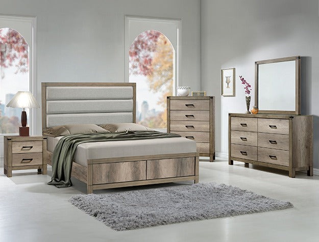 Bedroom Set Matteo Full + Dresser + Mirror + Nightstand Rustic Brown/Grey Cushioned HB