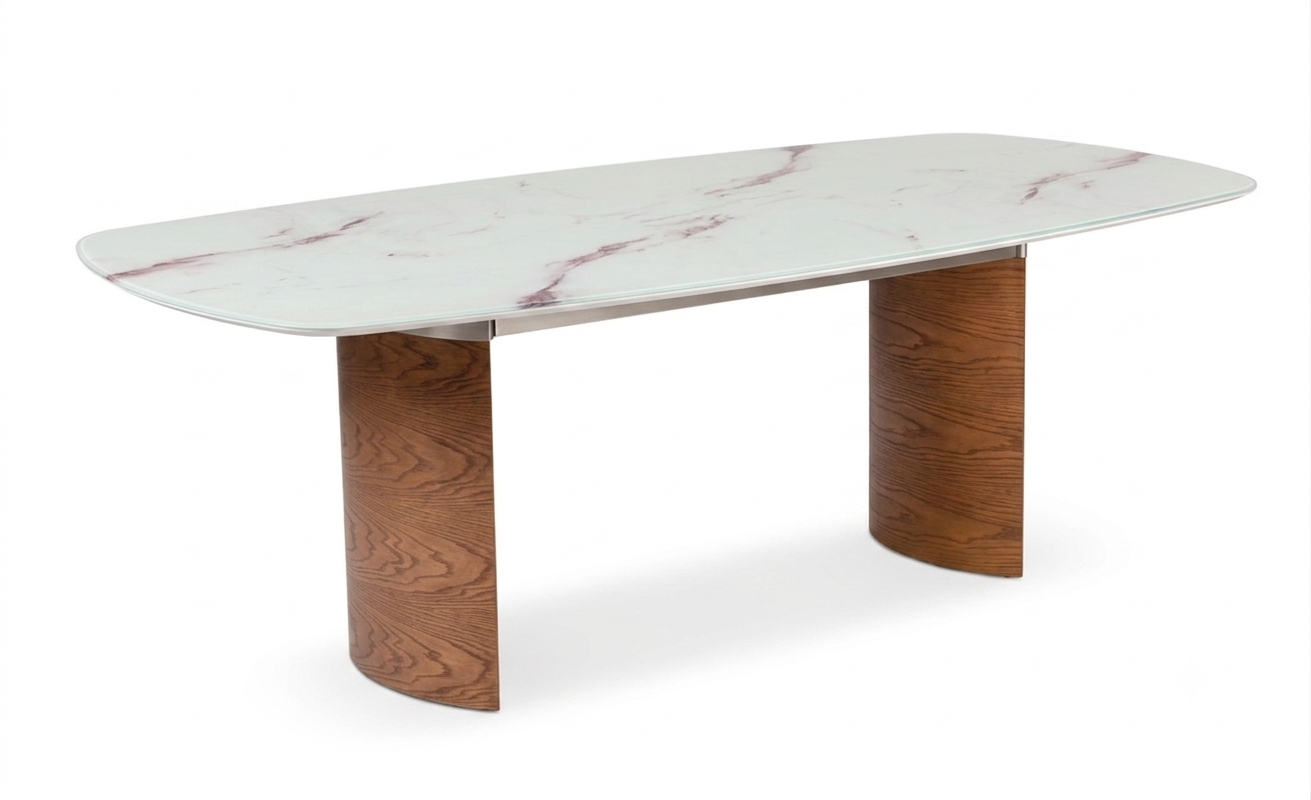 CAPRI Rectangular Dining Table w/ Iolanda Base 78.8" x 39" White Laquer/Glass/Calacata