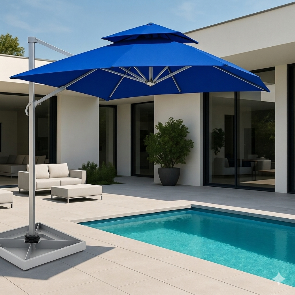 30901 Rotated Cantilever Umbrella 8' Royal Blue/Silver Grey Frame w/ Umbrella Base