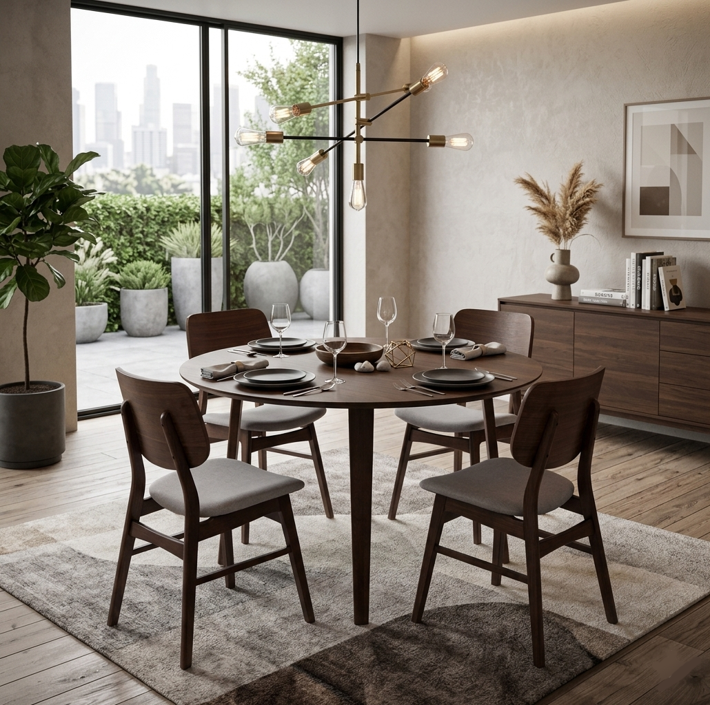D501 Oscar Round Dining Table 47" + (4) Dining Chair Natural Walnut Finish