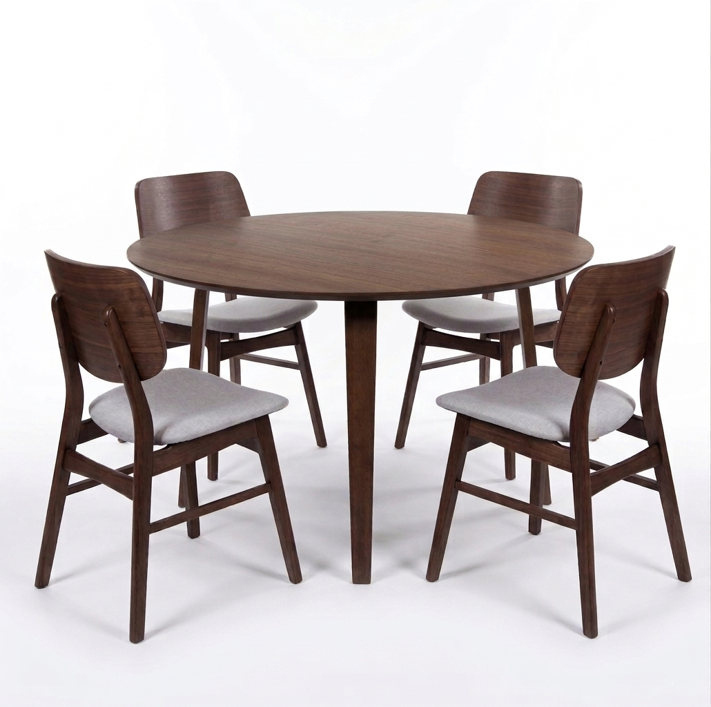 D501 Oscar Round Dining Table 47" + (4) Dining Chair Natural Walnut Finish