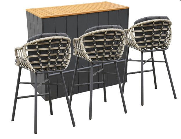 75410 4pcs Bar Set 48.8"L x 24.8"W x 43.7"Ht Aluminum/Light Grey Wicker/Eucalyptus Table Top