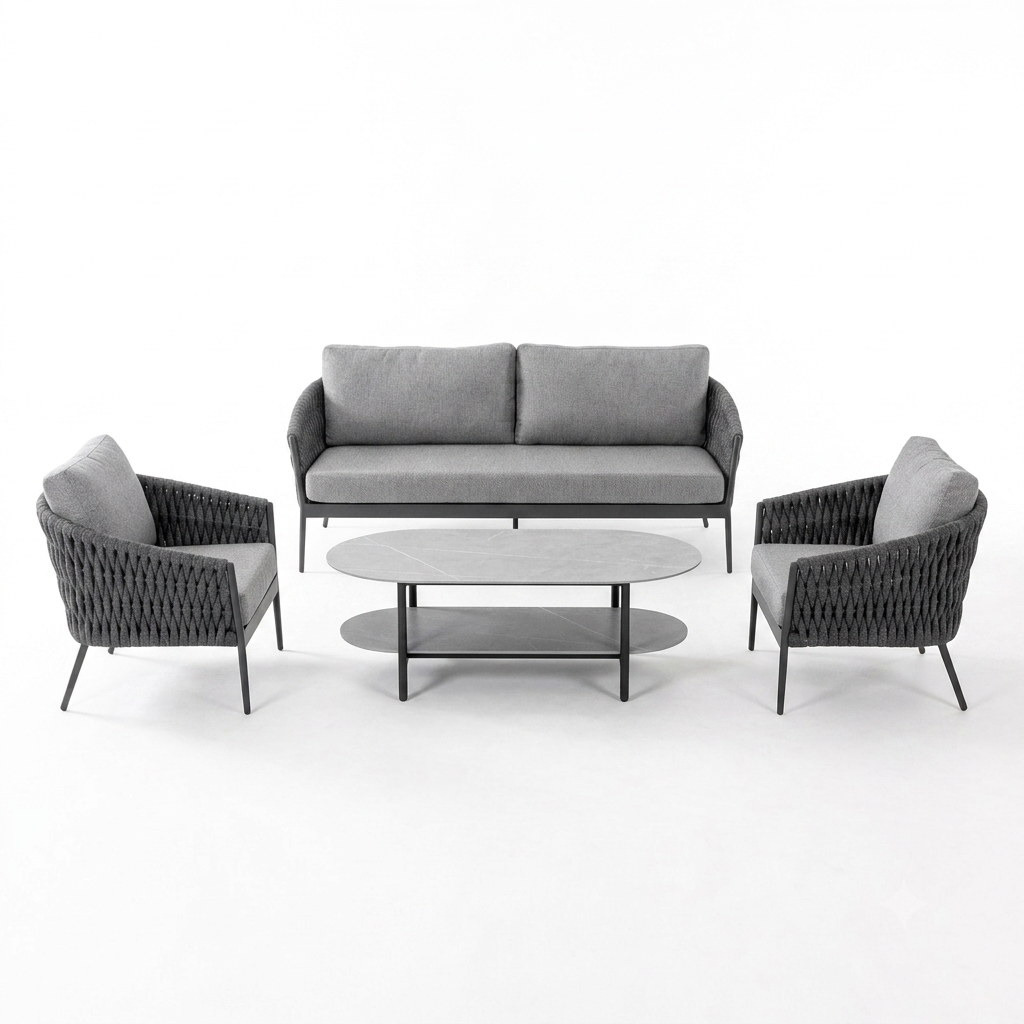 MUSES Sofa Set - 2 Seater Sofa +(2) Lounge Chair + Coffee Table Aluminum/Rope Weave/Olefin 15838624A Fabric/Frame: Charcoal
