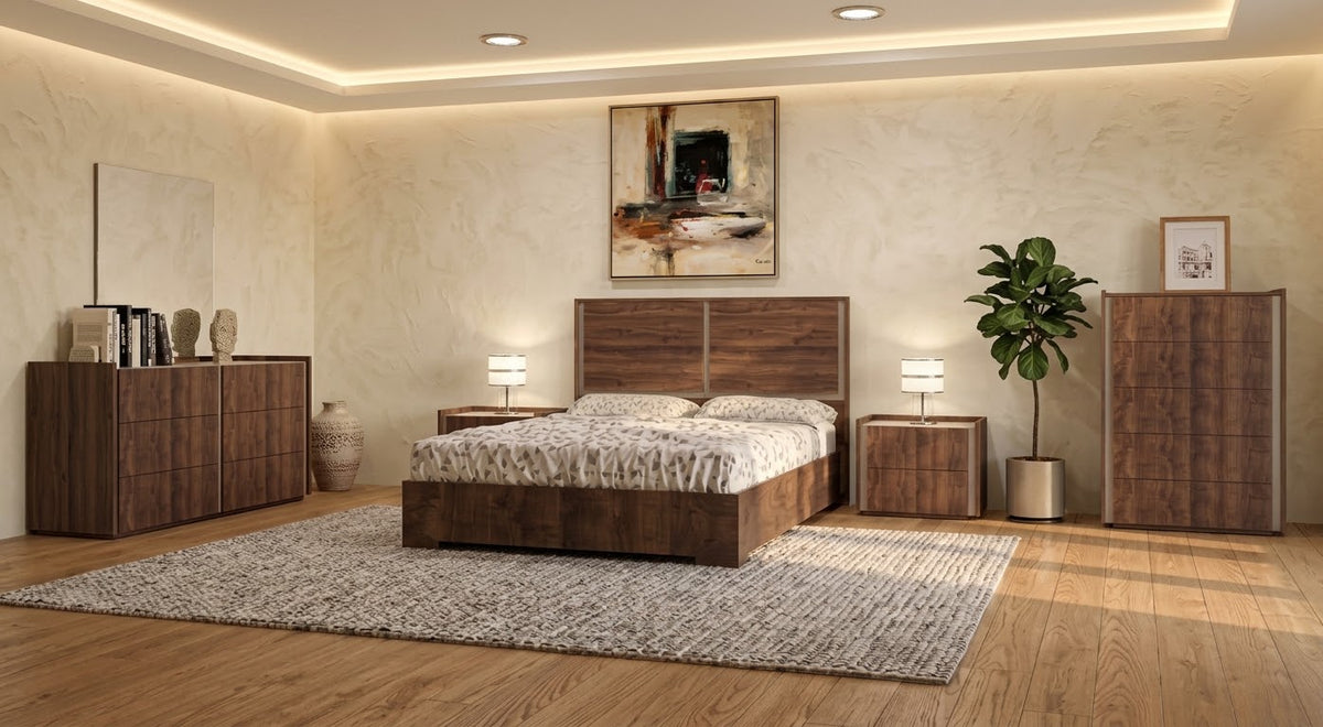 TEXAS Bedroom Set Queen Size Bed + Dresser + Mirror + Nightstand w/LED Valentina/Travertino