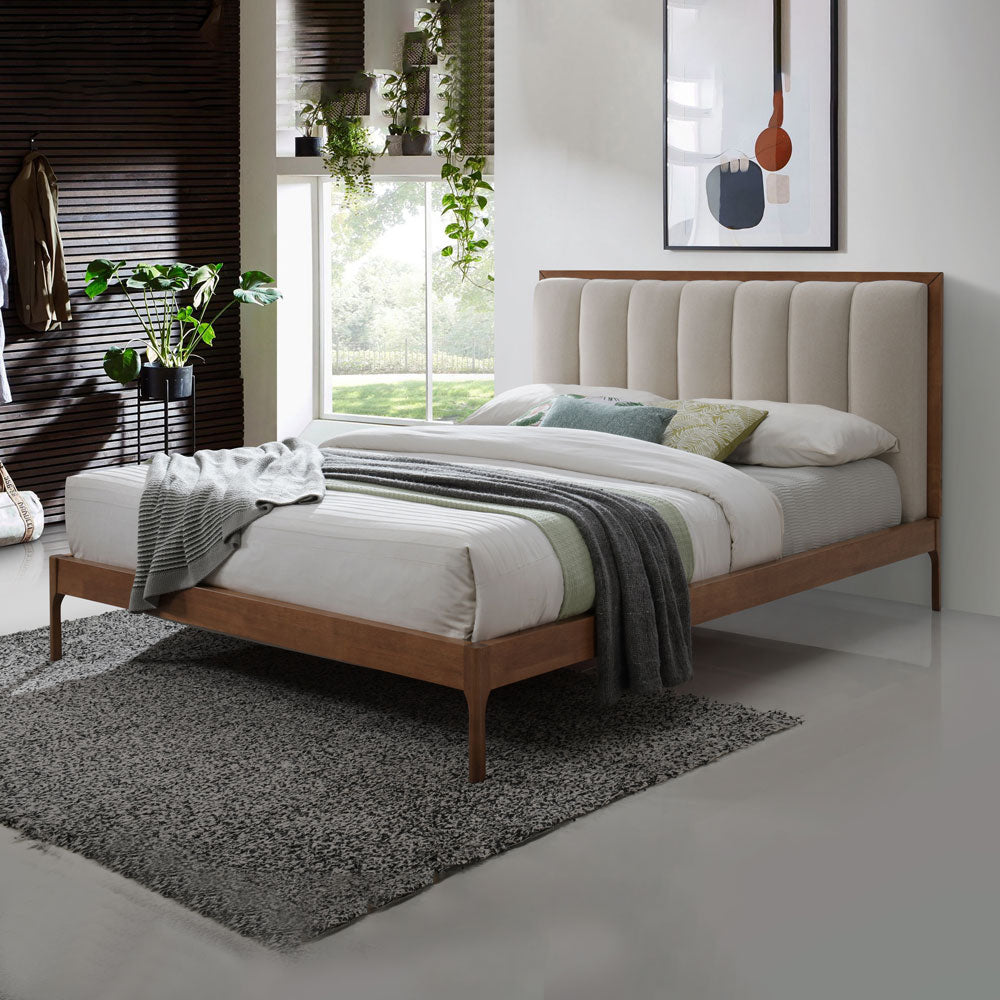 BBT-6946.11 A1 Full Size Bed Headboard-43"Ht 6086-1 Light Beige Linen/7283 Walnut Legs