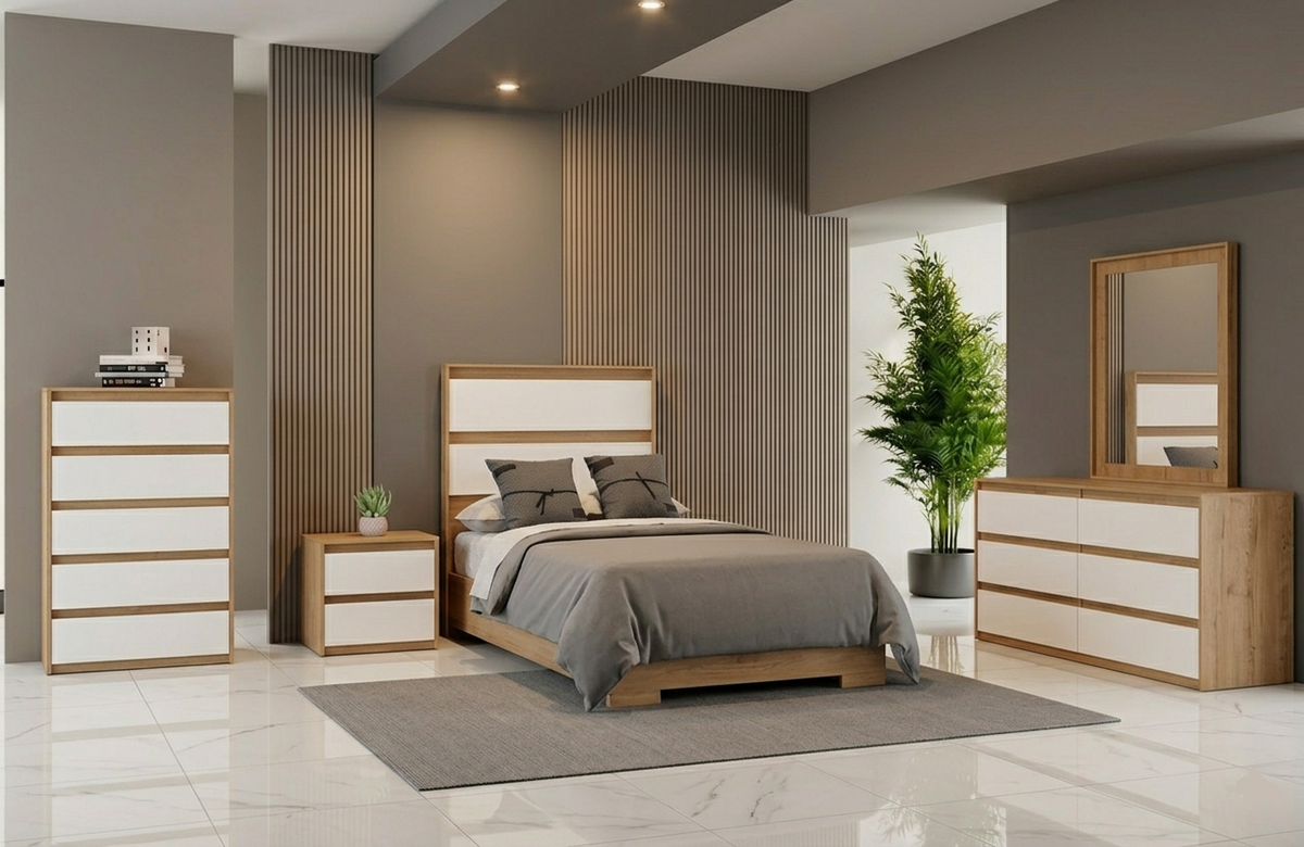 SIDNEY Bedroom Set Twin Size Bed + Dresser + Mirror+ Nightstand - LEDS/White Oak