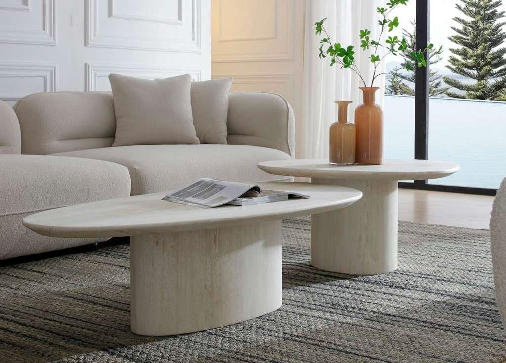 Petra Coffee Table with Oval Top Beige Travertine Marble Matte Finish