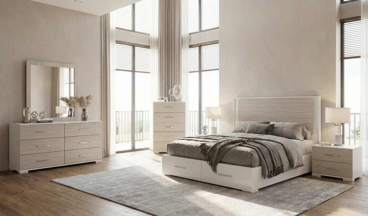LISBOA Bedroom Set Full Size Bed w/Storage Drawers + Dresser + Mirror + Nightstand LED/White