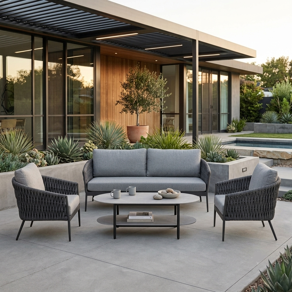 MUSES Sofa Set - 2 Seater Sofa +(2) Lounge Chair + Coffee Table Aluminum/Rope Weave/Olefin 15838624A Fabric/Frame: Charcoal