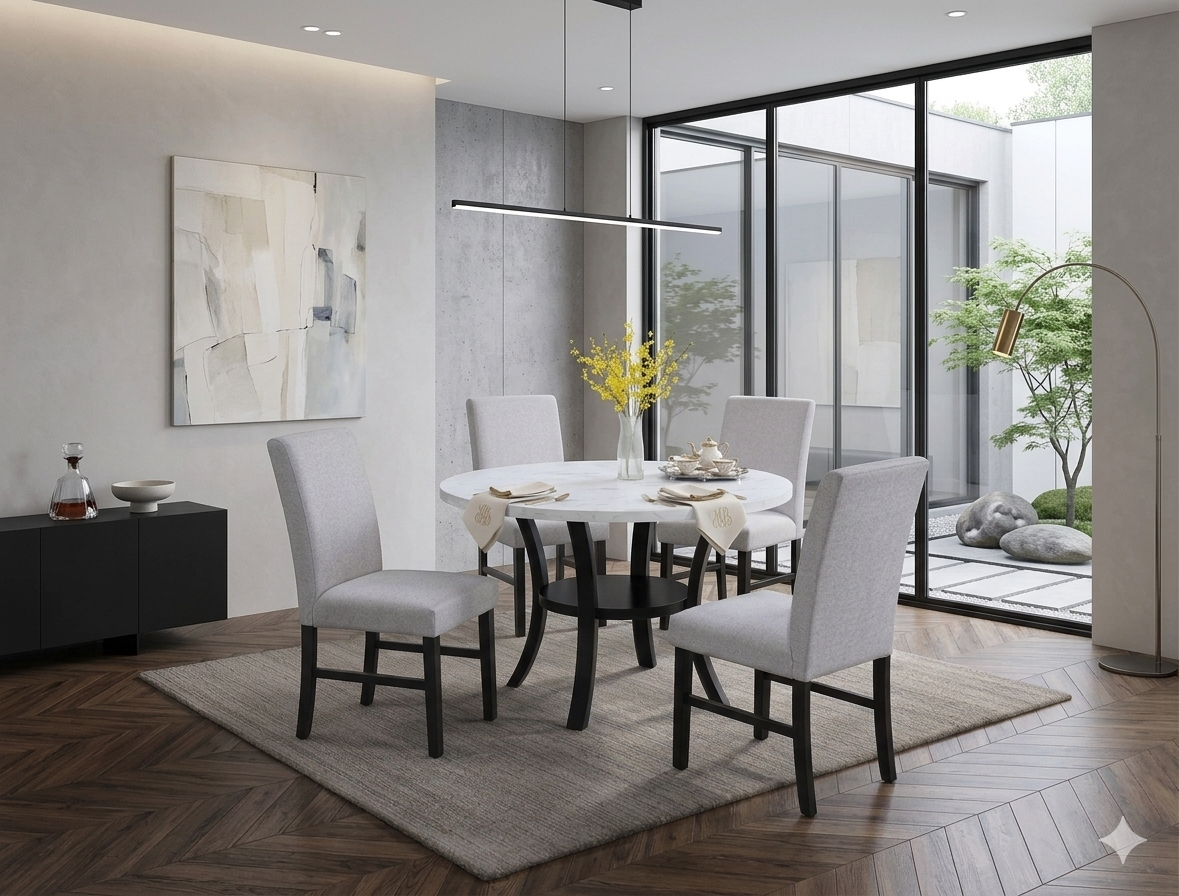 Dining Set ISLA Round Dining Table 48" Dia + (4) Dining Chair Grey Fabric/Black/Marble-like Finish Top