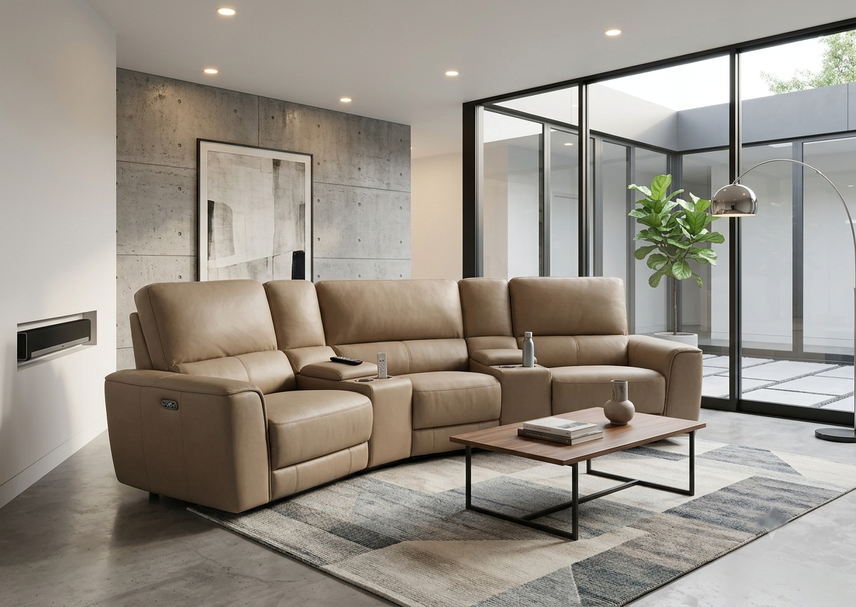 RS-12823 5pcs Power Recliner Home Theater Sofa Set w/USB/PWR Hdrest/Storage Arm Leather Beige