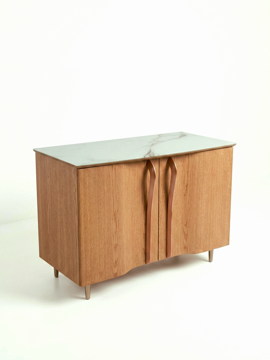 144306 BETINA Buffet Cabinet 40.4"W x 20.8"D x 29.5"Ht Carvalho (Oak) Amendoa (Almond)/Glass Top/Calacata Marble