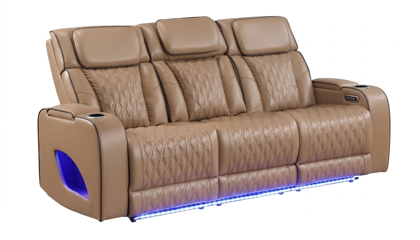 FORTUNER Power Recliner Sofa w/USB Charger/Massage/LED PU Caramel