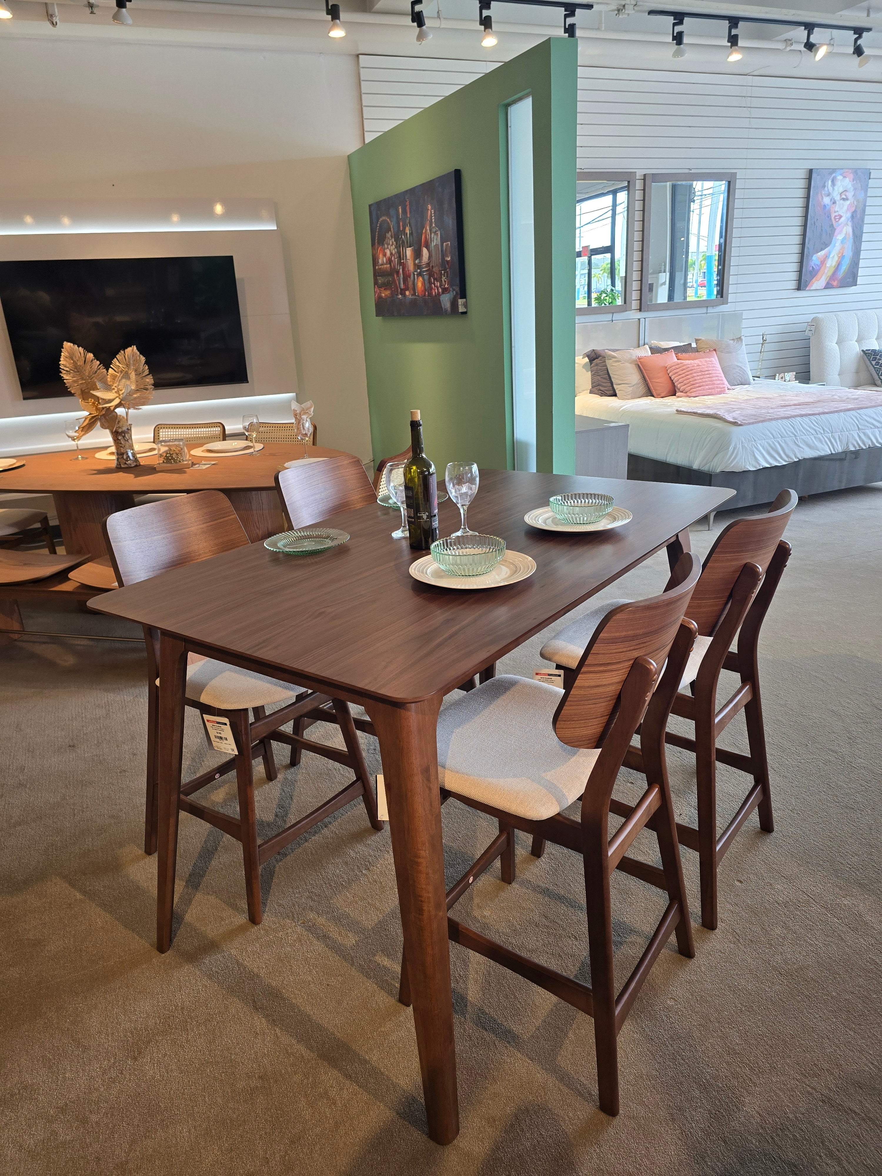 OSCAR Dining Set Counter Height w/ (4) Stools Walnut Finish / Beige Polyester Fabric