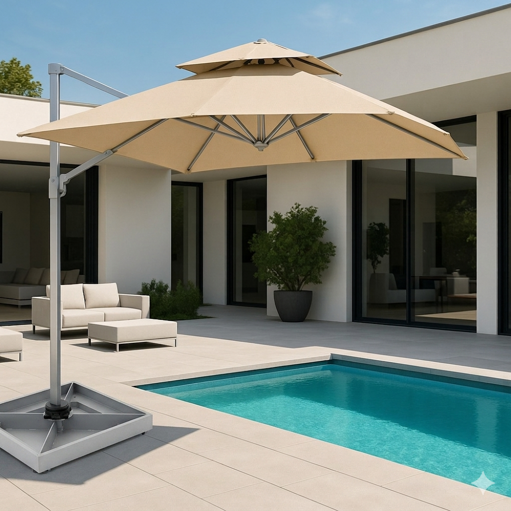 30901 Rotated Cantilever Umbrella 8' Beige/Silver Grey Frame w/ Umbrella Base