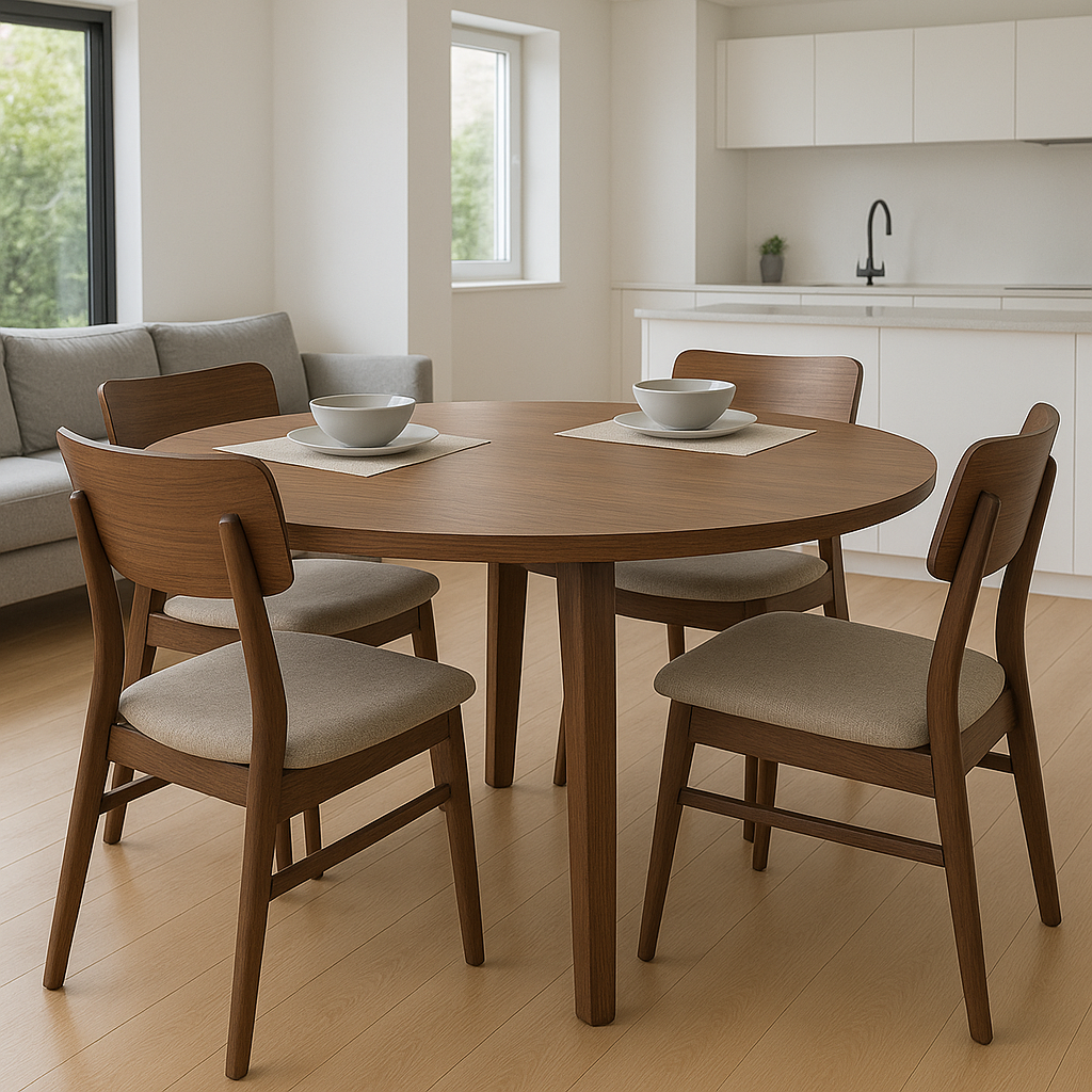 D501 Oscar Round Dining Table 47" + (4) Dining Chair Natural Walnut Finish